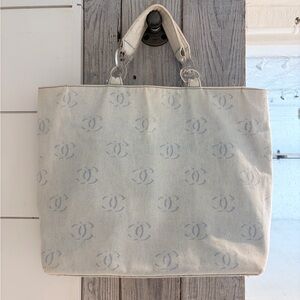 CHANEL Faded Denim Tote Bag with Acrylic Hardware